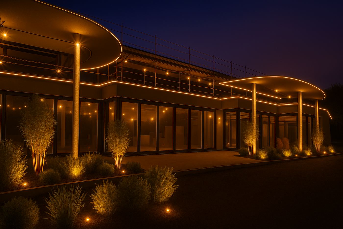 La façade du Jardin de l'Orangerie éclairée le soir, dans le parc